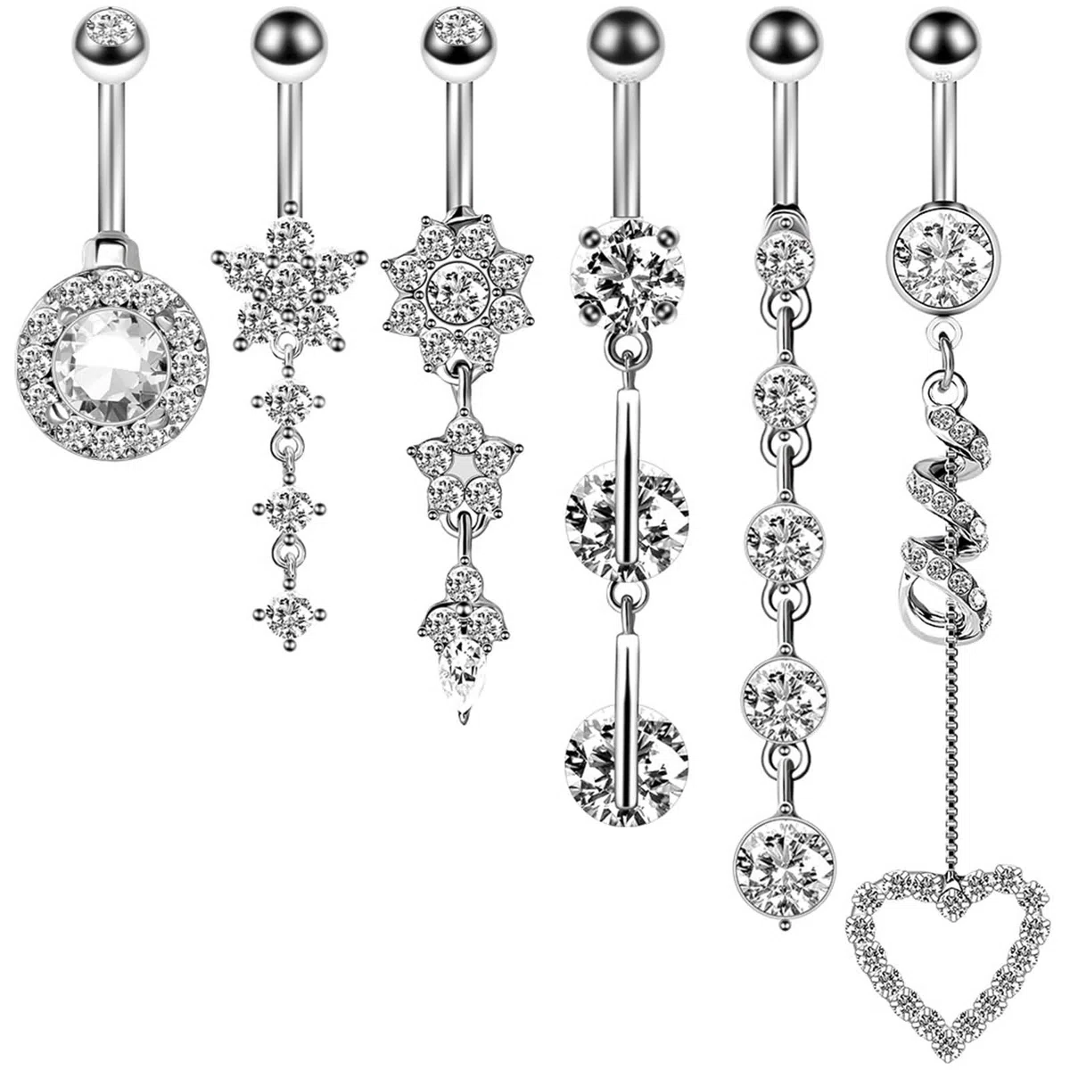 Piercing Nombril Après Grossesse, Piercing Nombril Pendant Acier Chirurgical Fleur D'Étoile Ronde 6Pcs avec Zircon Blanc Meilleure Amie Cadeau