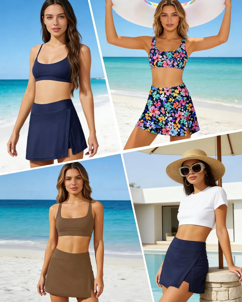 Aqua Eve Jupe de bain gainante pour femmes, jupe fendue avec short intégré, taille haute, bleu marine, Taille M