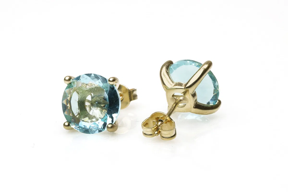 Boucles d'Oreilles Topaze Bleue Anemone - Clou d'Oreille Rond Pierre de Naissance, Mode, Boucles d'Oreilles Pierres Gemmes - Cadeaux pour Femmes - Bijoux Faits à la Main Personnalisables