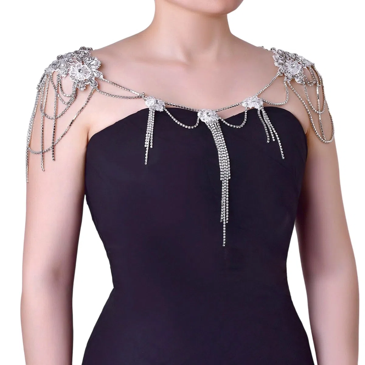 Élégante chaîne de corps sans bretelles avec franges en cristal - Bijoux d'épaule réglables - Idéal pour les réceptions de mariage, les fêtes sur la plage et comme cadeau - Bijoux de corps réglables