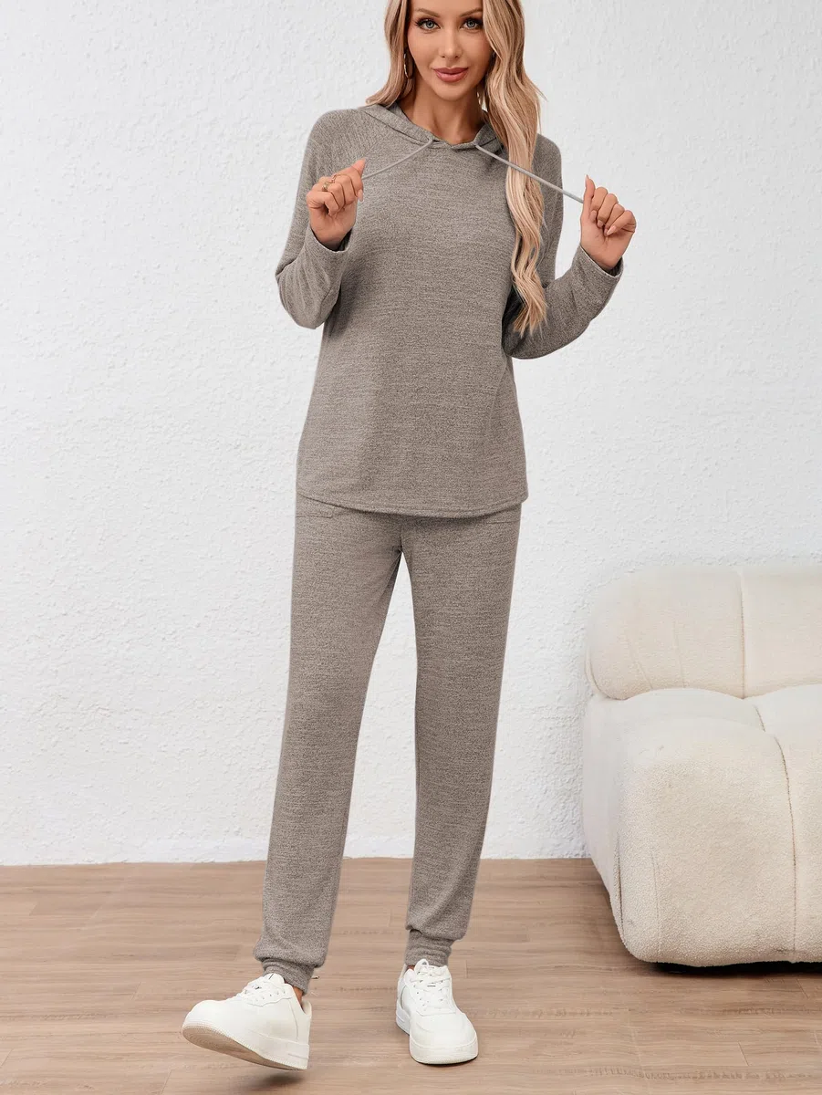 Famulily Survêtement à manches longues pour femme, couleur unie, sweat à capuche avec cordon de serrage et pantalon de jogging élastique avec poches, tailles S à XXL