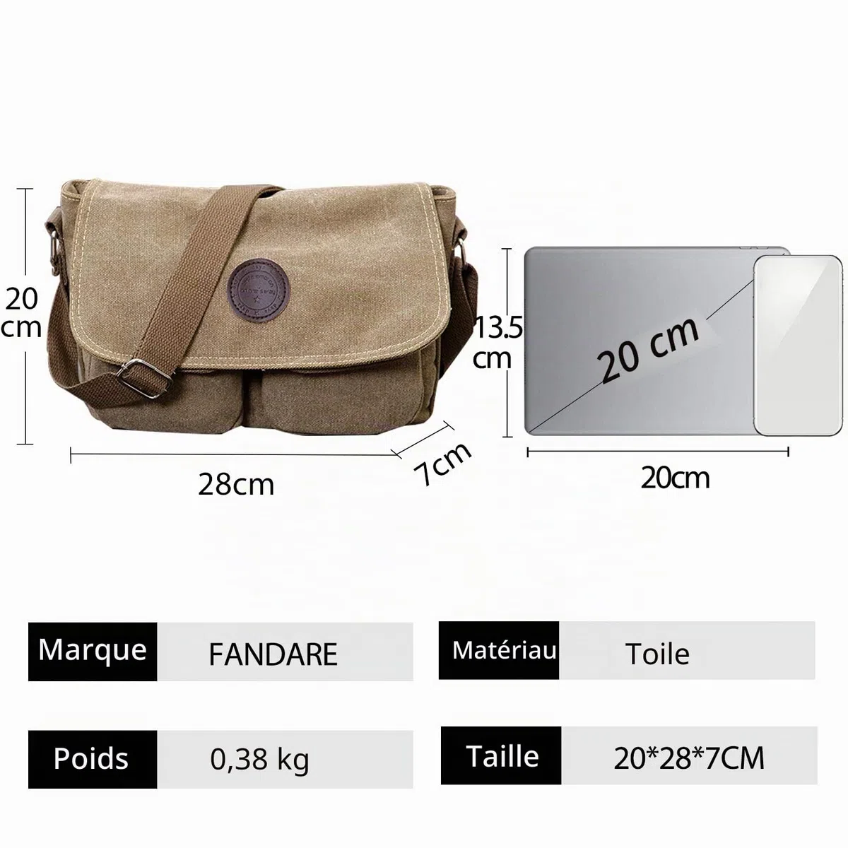 FANDARE Sac a Bandouliere Toile Sac d'épaule Unisexe Sacs Portés épaule 7.9 Pouces Tablet Messenger Bag Briefcase Hommes/Femmes Sac de Sport Travail Ecole Cartable