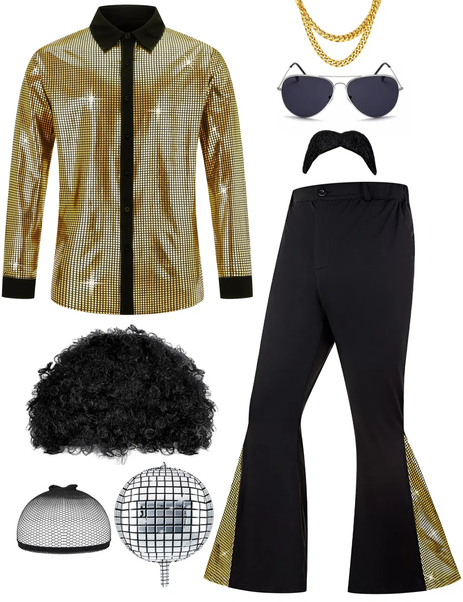 Déguisement Disco Homme,Deguisement Année 70 Homme,Chemise Tenue Disco Homme Costume de Carnaval