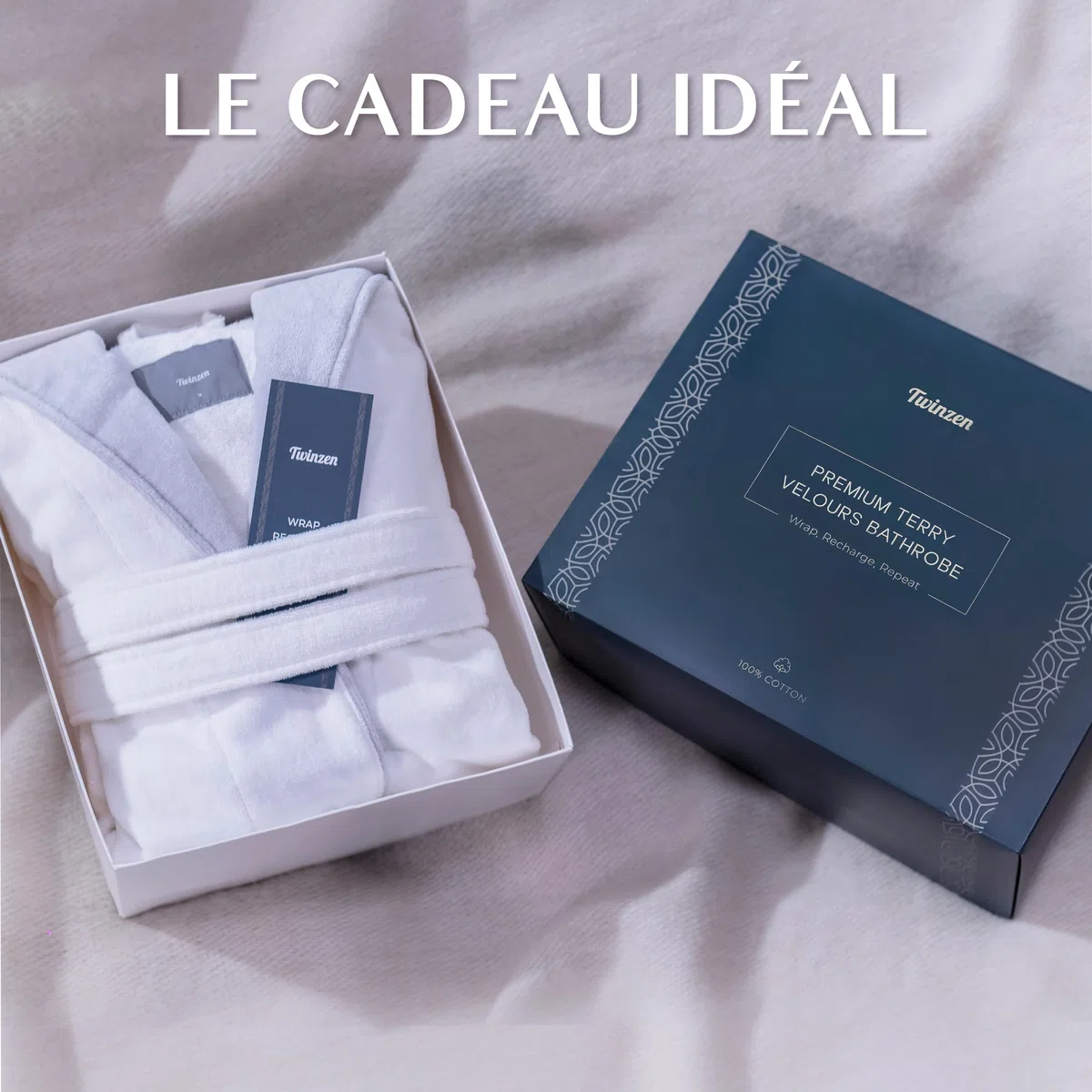 Twinzen Peignoir de Bain Femme avec Capuche - 100% Coton Velours Premium - Robe de Chambre Femme Velours Peignoir Femme Coton OekoTex Ultra Doux