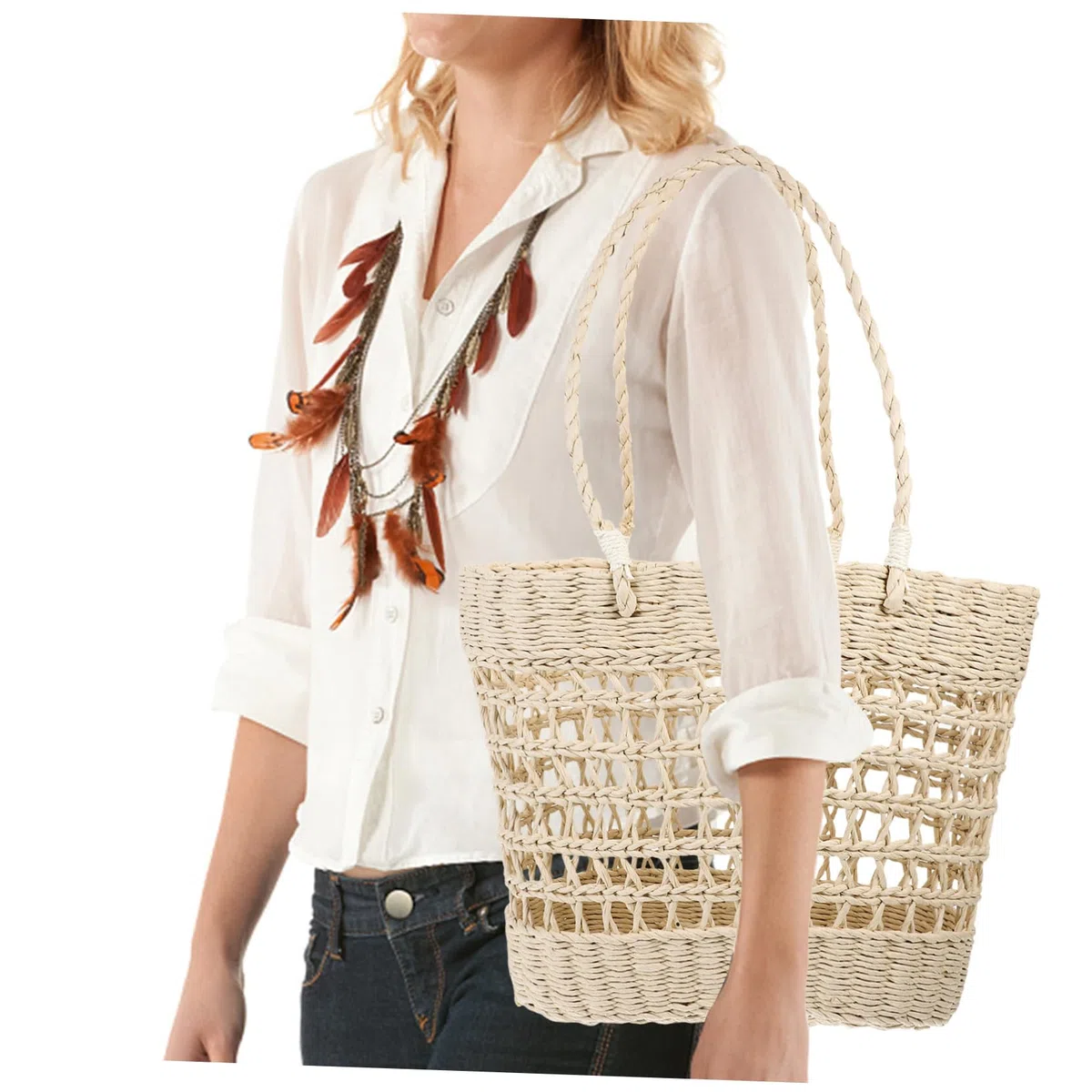 ABOOFAN Sac de Plage Creux Grand Cabas pour Femme Sac Fourre-tout de Plage Tissé