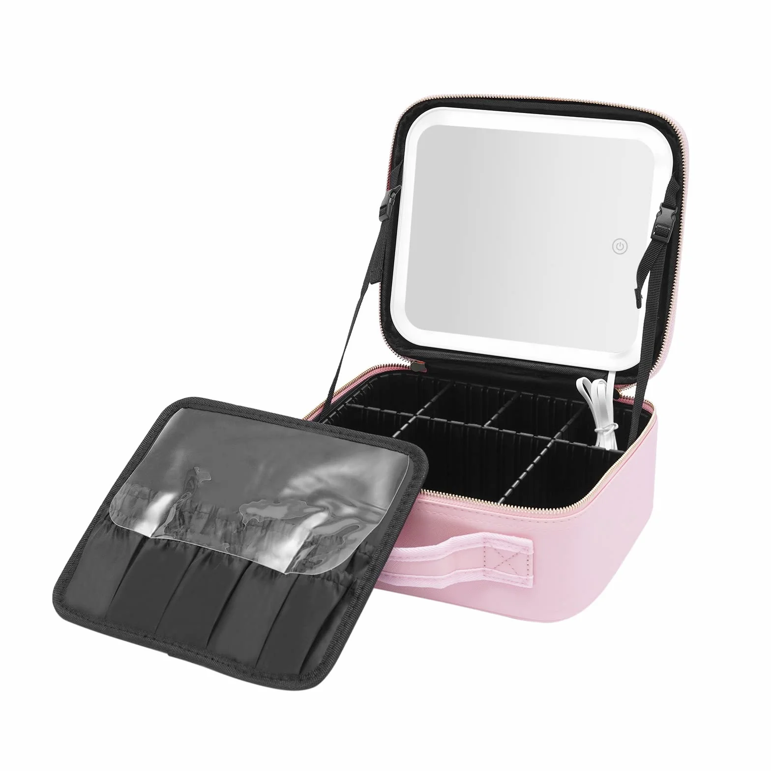 Trousse de maquillage avec miroir LED, grande capacité, trousse de rangement pour outils, pinceaux de maquillage, boîte de rangement portable, rose, Rose, m, Style moderne