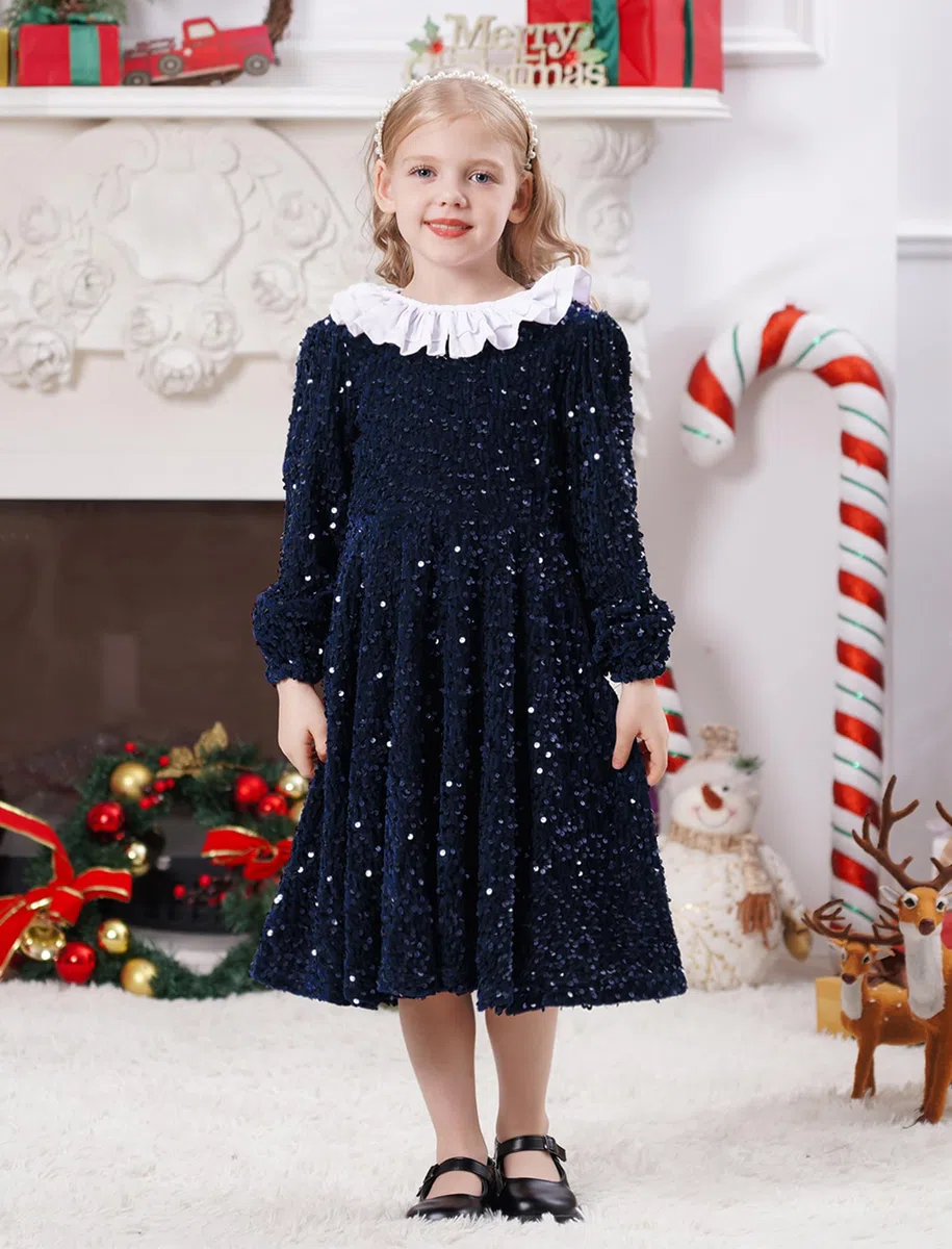 Odizli Robe de Noël pour fille - Automne - Hiver - Manches longues - Ruffle - Paillettes - Ligne A - Robe midi en velours