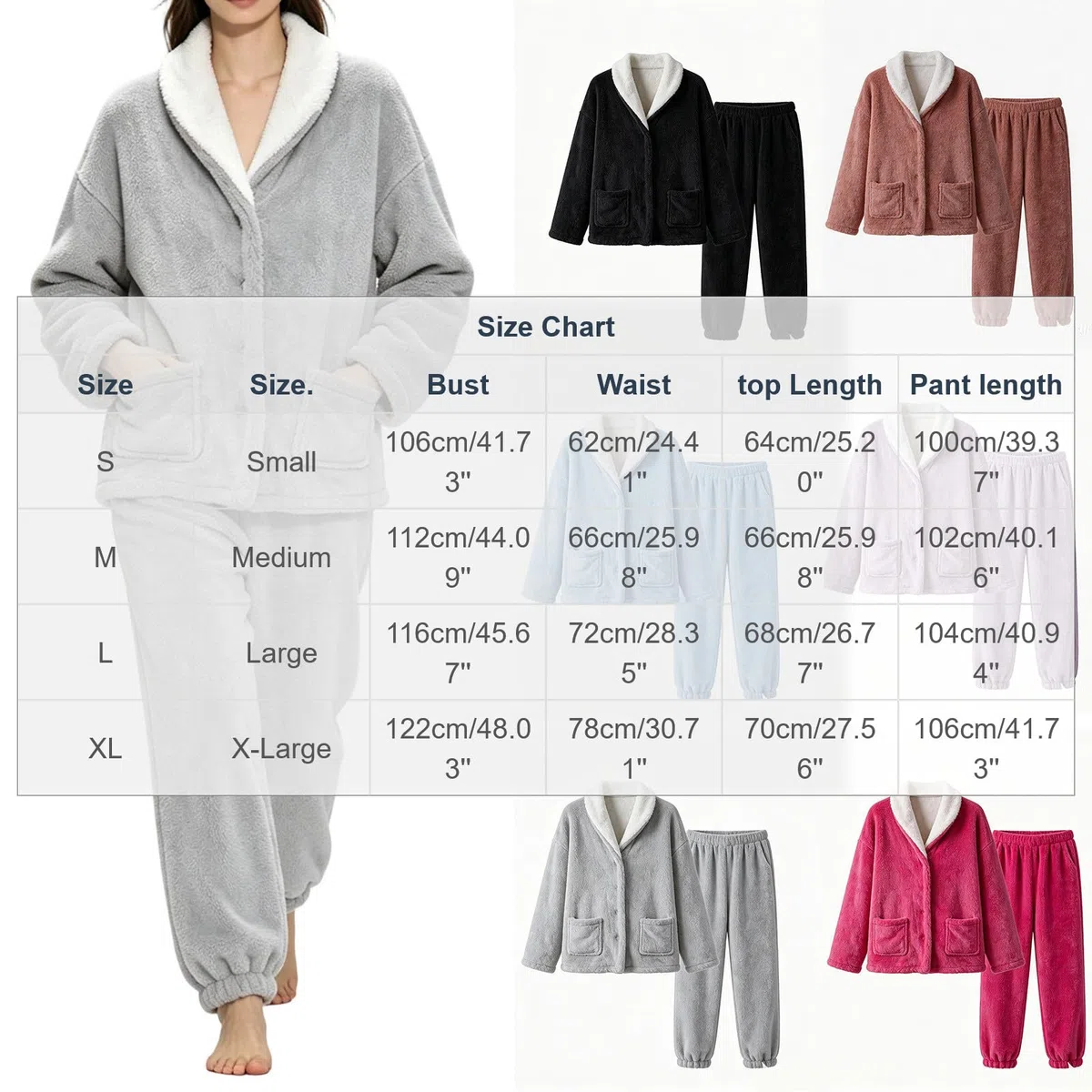 Jamicy Pyjama Femme Hiver Polaire Double Face Chaud Ensembles de Pyjama Femme Boutonné avec Poche Vêtement de Nuit Uni Costume de Maison Confortable Doux Tenue de Nuit 2 Pièces S-XL