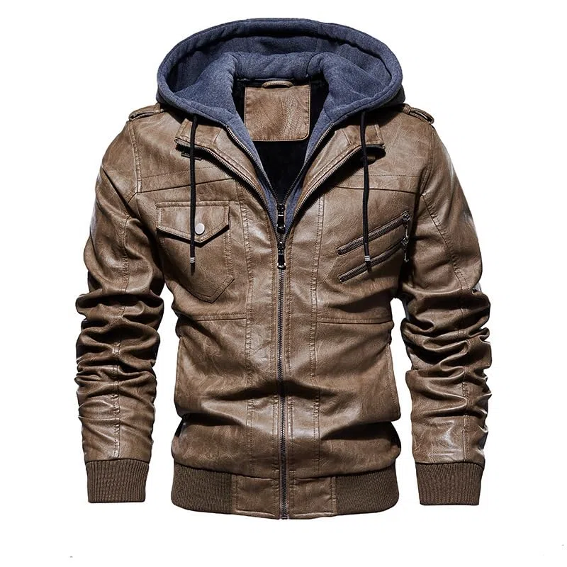 Veste en Cuir pour Homme, Moto Décontractée à Capuche, Faux Deux Pièces, Automne et Hiver, Khaki-L