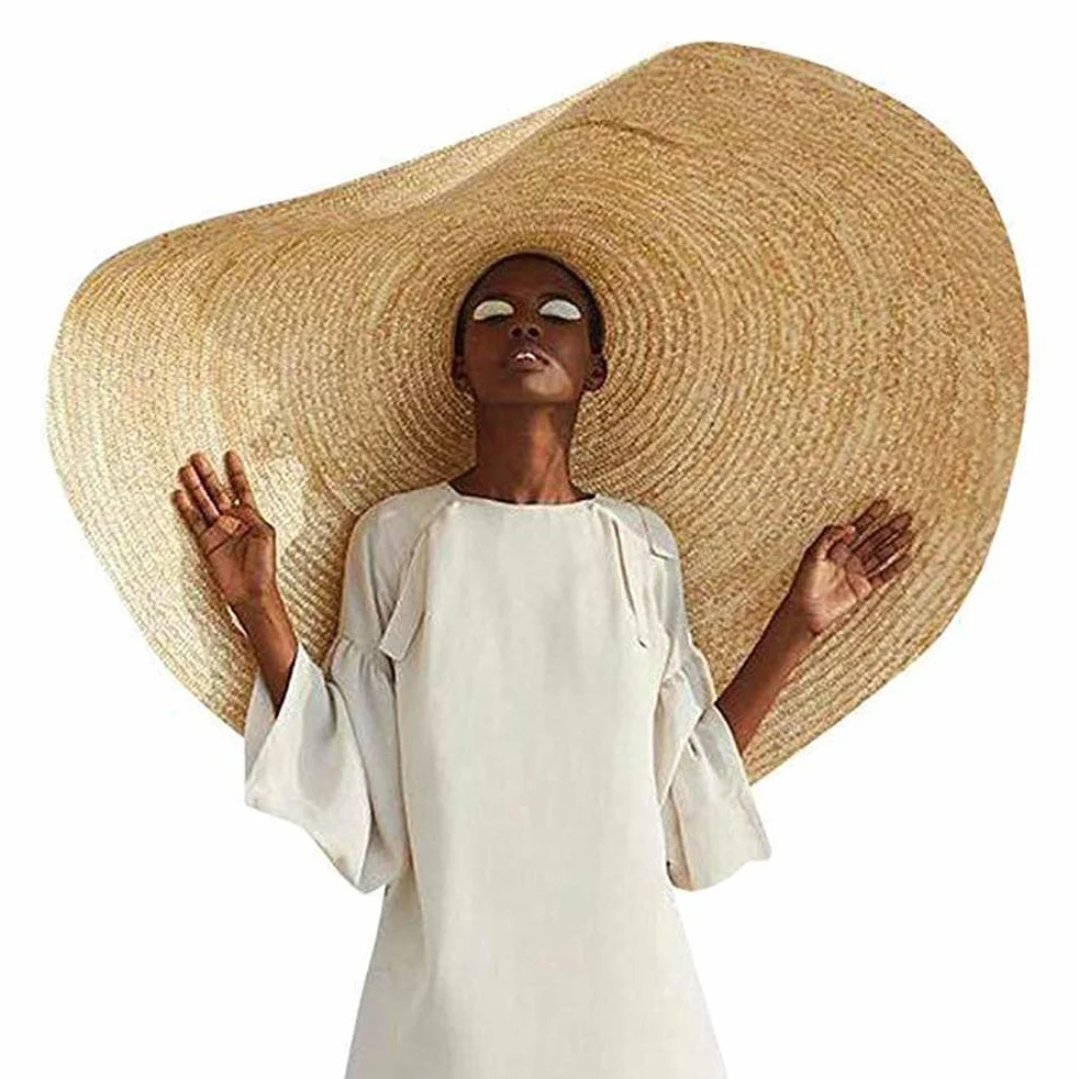 Chapeau de paille surdimensionné pour femme, chapeau de paille de soleil avec large bord anti-UV, chapeau d'été pliable (56-58 cm)