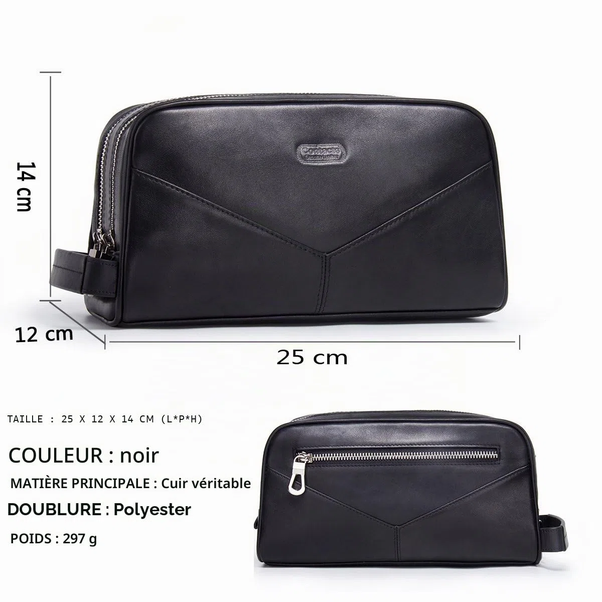 Contacts Homme Trousse de Toilette de Affaires Voyage en Cuir de Vache avec Grande Capacité Double Fermeture Éclair