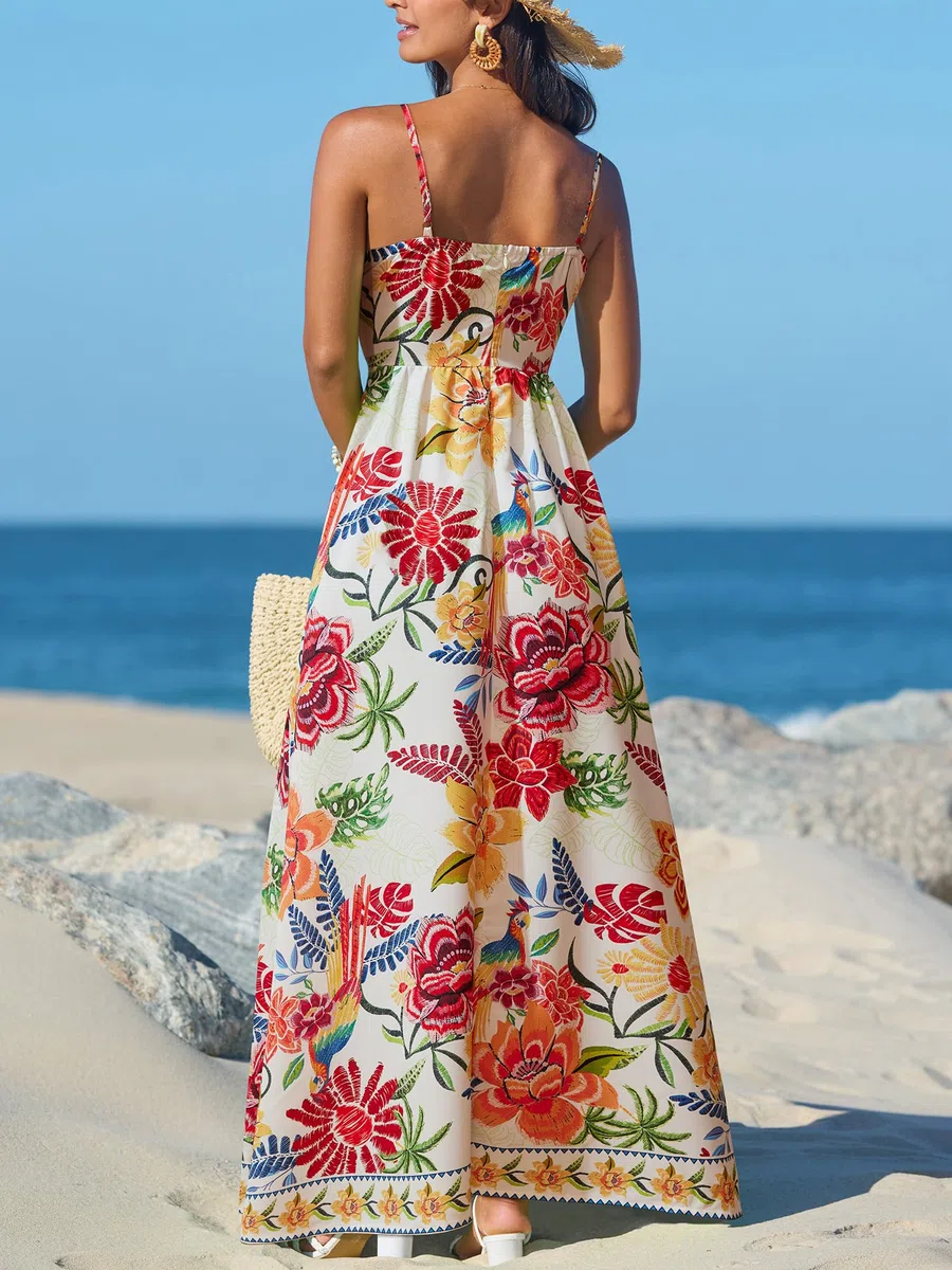 CUPSHE Longue robe d'été fluide à bretelles, sans manches, avec col en V et motif floral pour femme Style décontracté pour plage, vacances