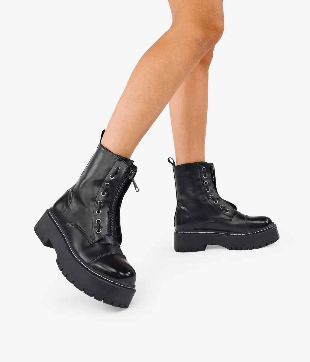 BOSANOVA Bottes militaires de style punk avec plate-forme dentelée et lacets jusqu'au sommet Fermeture à glissière. Chaussures pour femmes