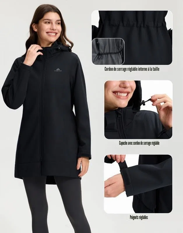 Pioneer Camp Softshell femme longue - vestes de randonnée softshell avec capuche - Imperméable et coupe-vent - Taille réglable - Parka de pluie avec fermeture éclair - Poches pour la randonnée