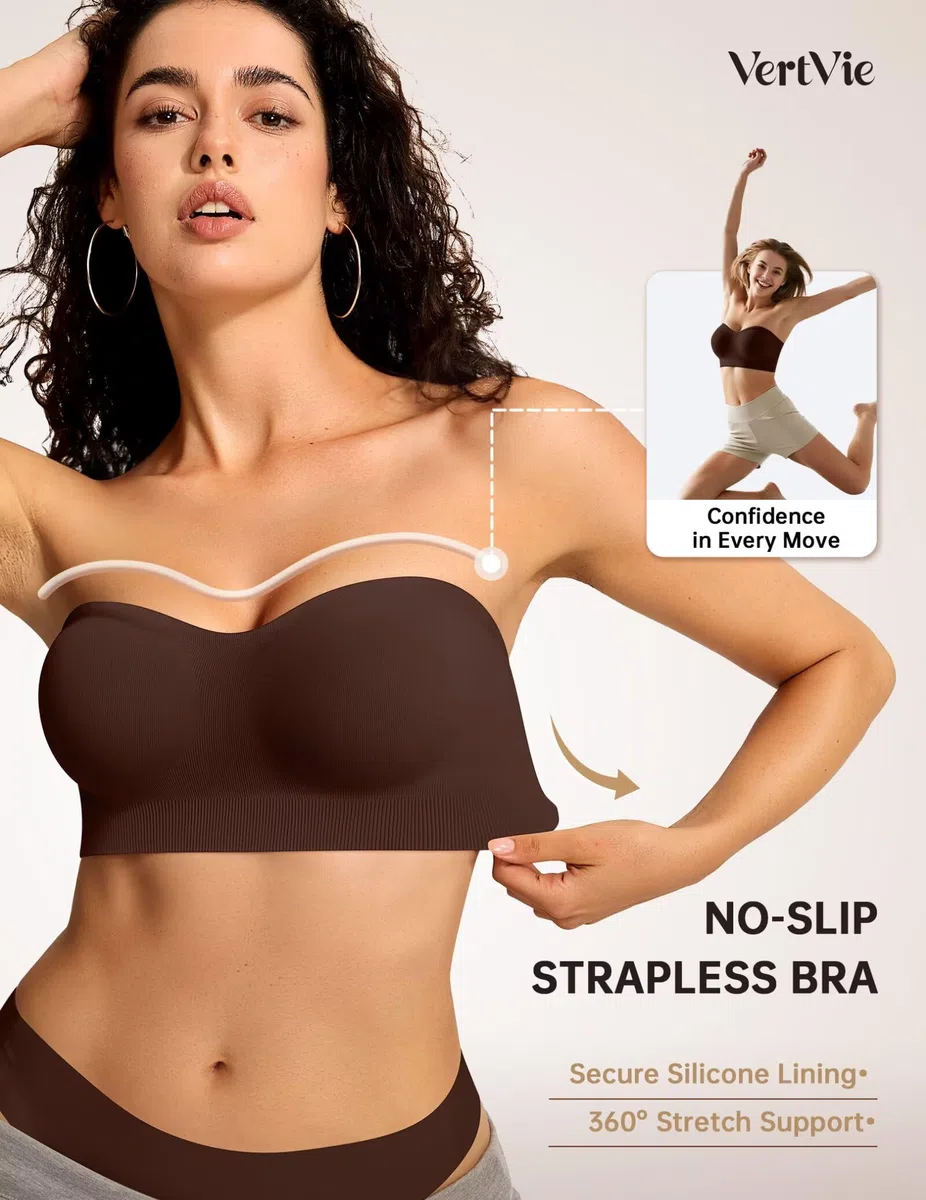 Vertvie Soutien-gorge sans bretelles pour femme - Antidérapant - Push Up - Sans fil - Confortable - Soutien-gorge rembourré de soutien