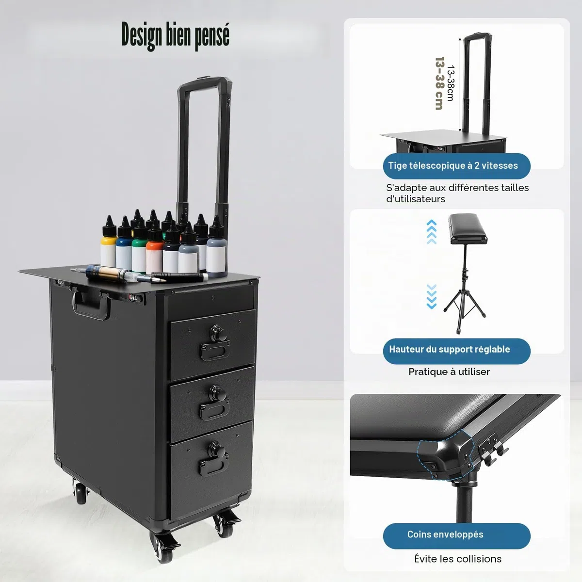 Valise cosmétique à roulettes avec support d'accoudoir et tôle métallique - Mallette de tatouage avec 3 tiroirs - Mallette de maquillage professionnelle - Table de tatouage - Table de beauté
