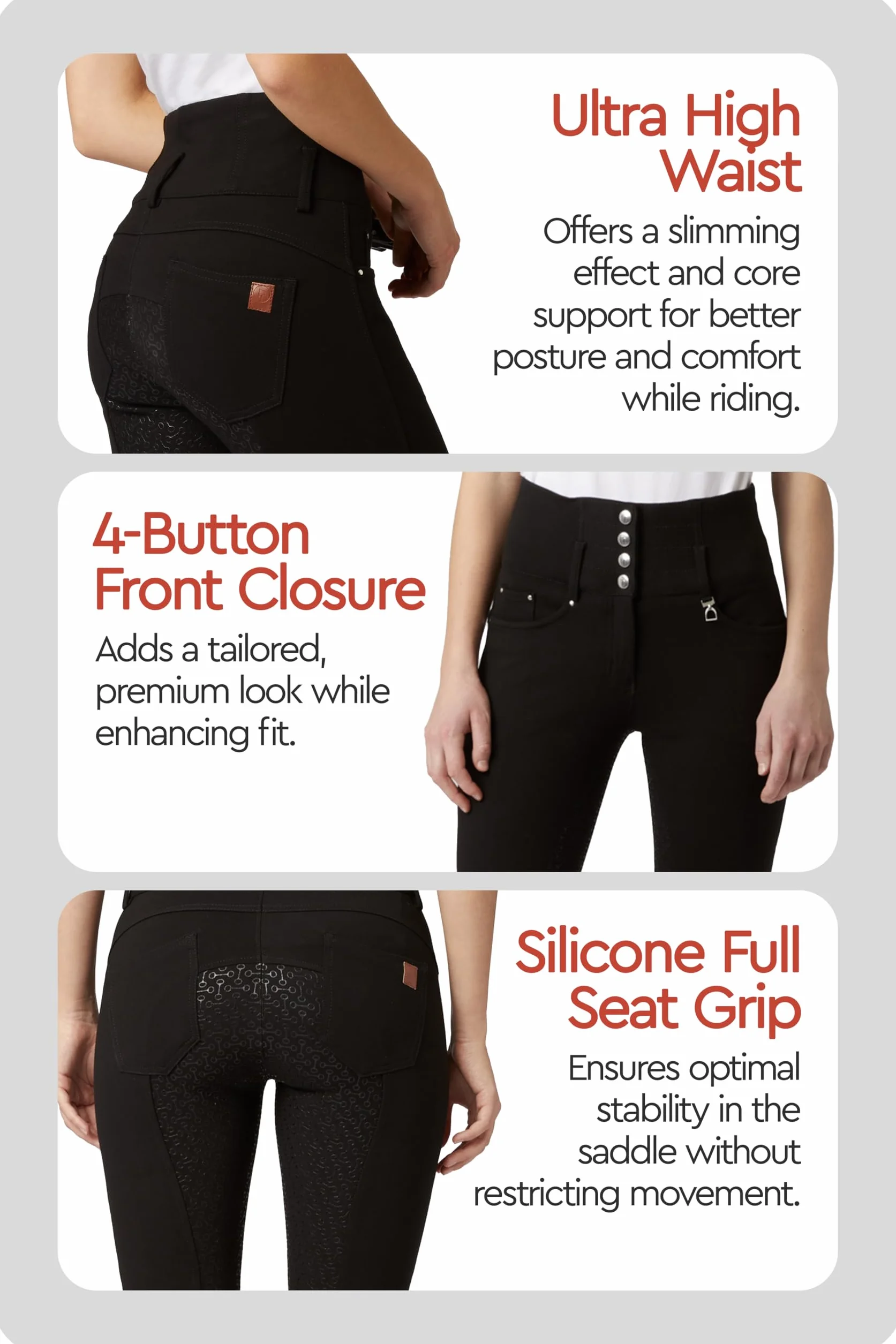 HORZE Pantalon d'équitation Tara pour Femme, Taille Haute, avec empiècement en Silicone et Poches, Noir/Noir, 38