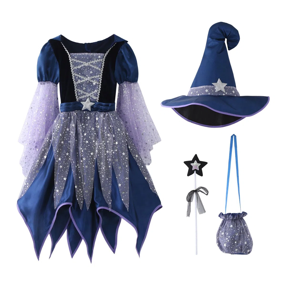 Ensemble Enfant, Enfants Halloween Cosplay Scène Jouer Performance Robe Chapeau Sac Bâton Quatre Pièces Tenues Pour Enfants Vêtements, Style Oversize Tendance