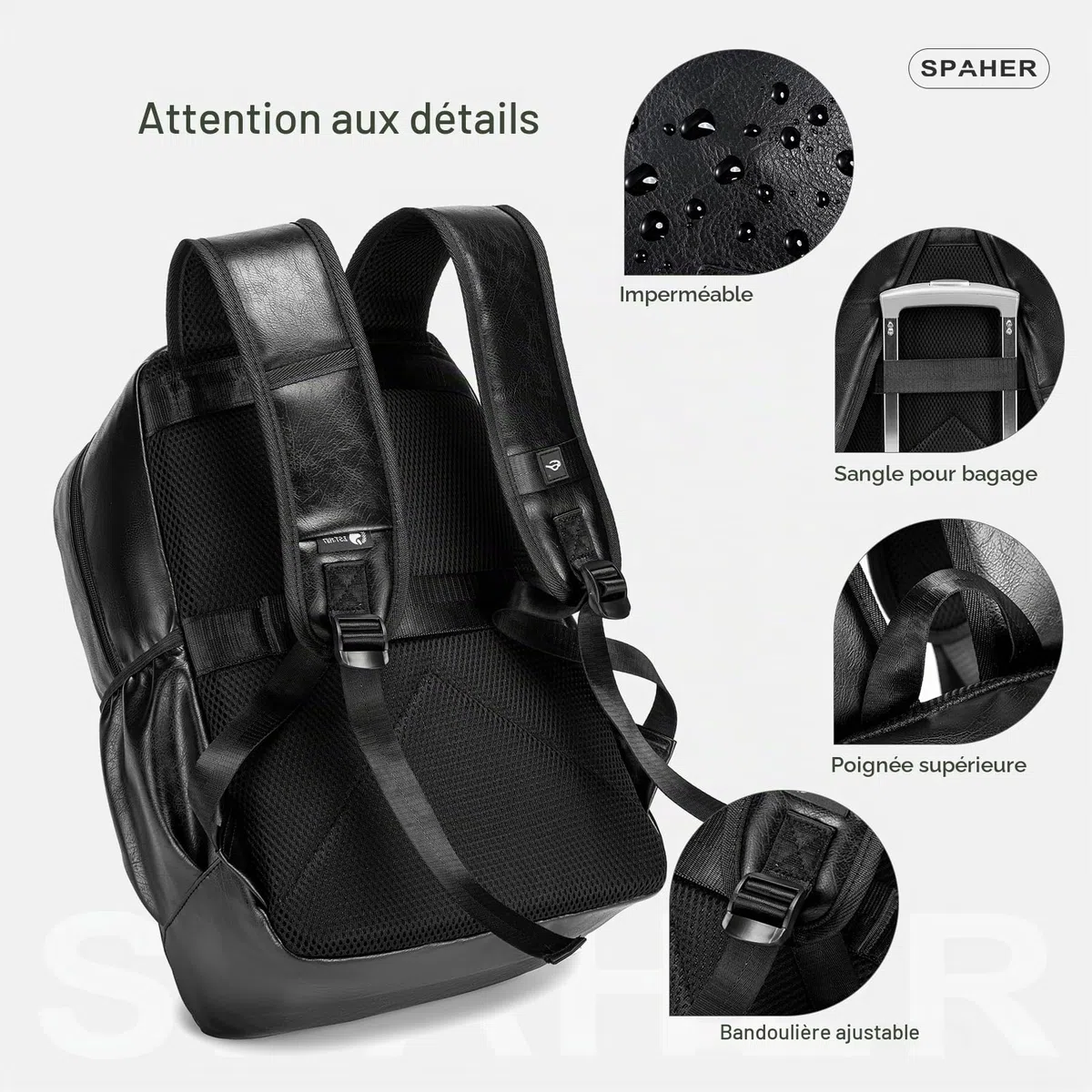 SPAHER Bagage Cabine 40x30x20 Wizzair Vueling 15,6Pouces Sac à Dos en Cuir pour Ordinateur Portable Unisexe Sac d'école Randonnée Voyage Affaires Bagages en Plein air Collège pour Hommes Femmes