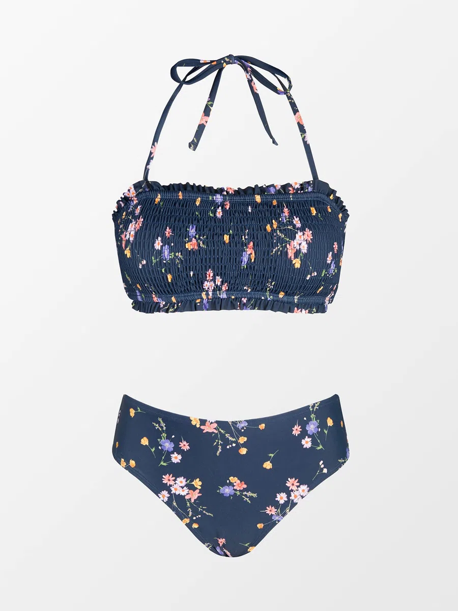 CUPSHE Ensemble bikini dos nu bandeau volants bretelles amovibles motif floral smocké maillot de bain deux pièces maillot de bain bleu marine floral XL