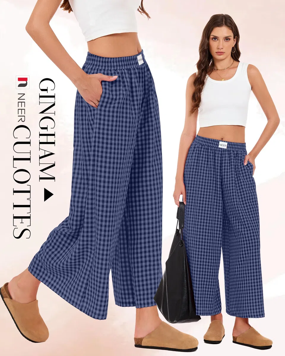 Neer Pantalon Femme Carreaux Vichy Taille Haute Élastique Fluide Large Coupe Palazzo avec Poches | Pantalon jupe, carreaux, jupes, fluide, ample, surdimensionné, pantalon habillé, pantalon de pyjama, taille élastique