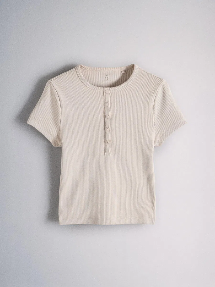 THE SET Femme T-Shirt côtelé à col boutonné et Manches Courtes, Lot de 4 | Coupe standard