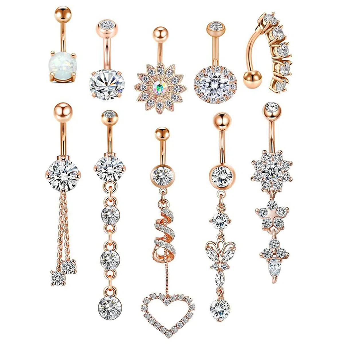 Gualiy 10 Pièces Piercing Nombril Acier Inoxydable Anneaux Fleur et Rond Zircone Cubique Pendre Bijoux Piercing Nombril pour Femme