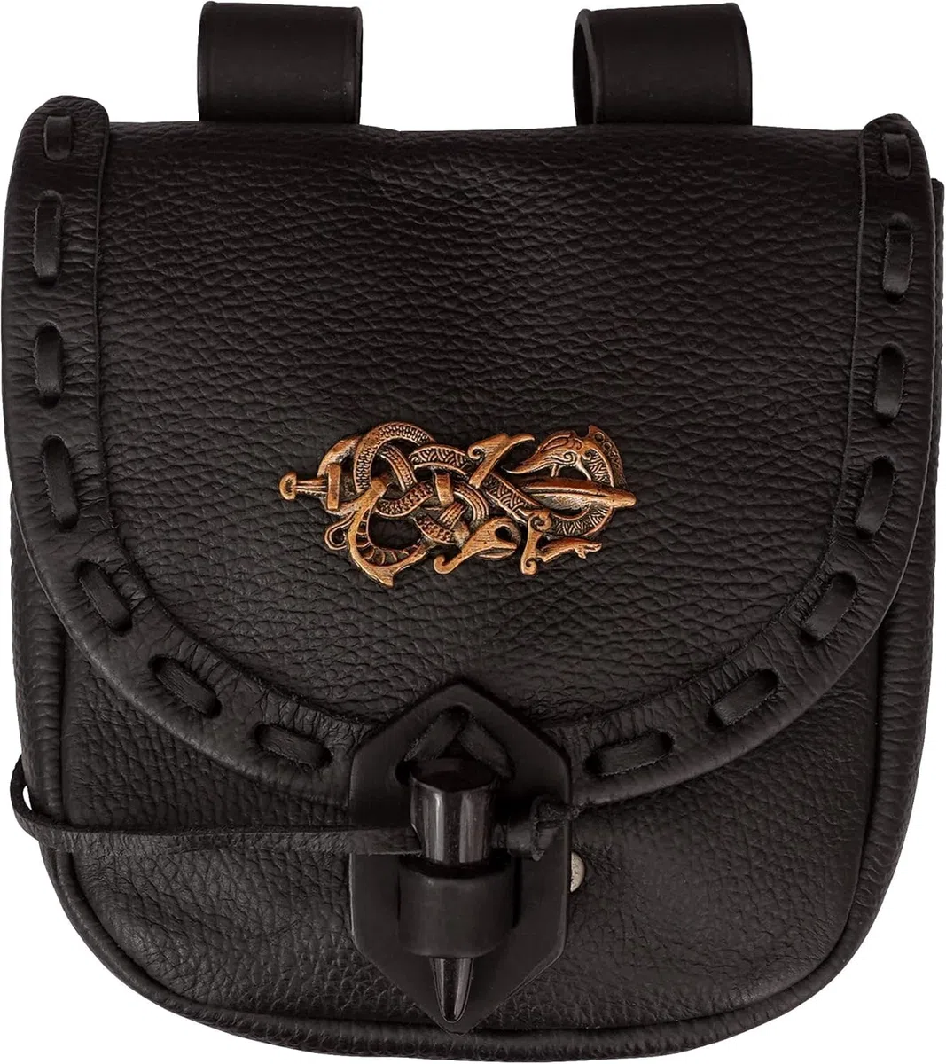Mythrojan Pochette ceinture en cuir médiéval original sac costume accessoires pochette viking ceinture porte-monnaie, Décoration bronze noir, 8" x 7", Pochette en cuir noir