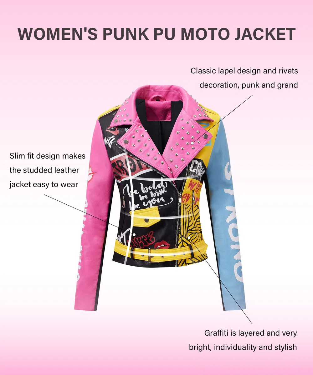 RISISSIDA Veste de moto streetwear tendance en cuir synthétique clouté avec ceinture Printemps, automne, hiver Pour femme