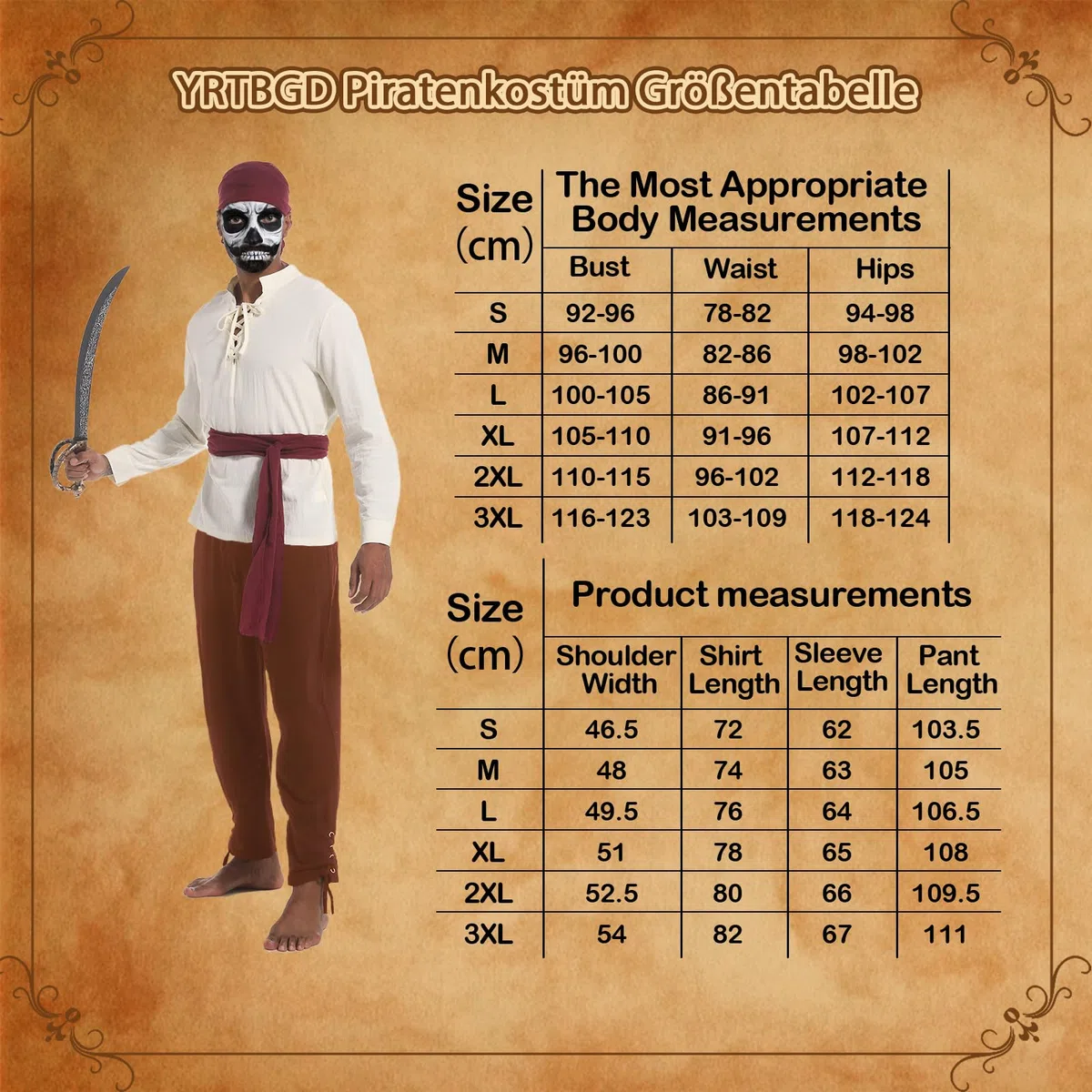 Costume de pirate pour homme, vêtements médiévaux, chemise médiévale, pantalon, bandana, ceinture, cache-œil, collier, boucles d'oreilles, pour Halloween, carnaval