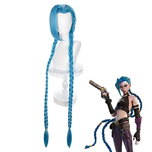 Perruque de Cosplay Jinx Bleu Synthétique Résistante à la Chaleur 54-61 cm