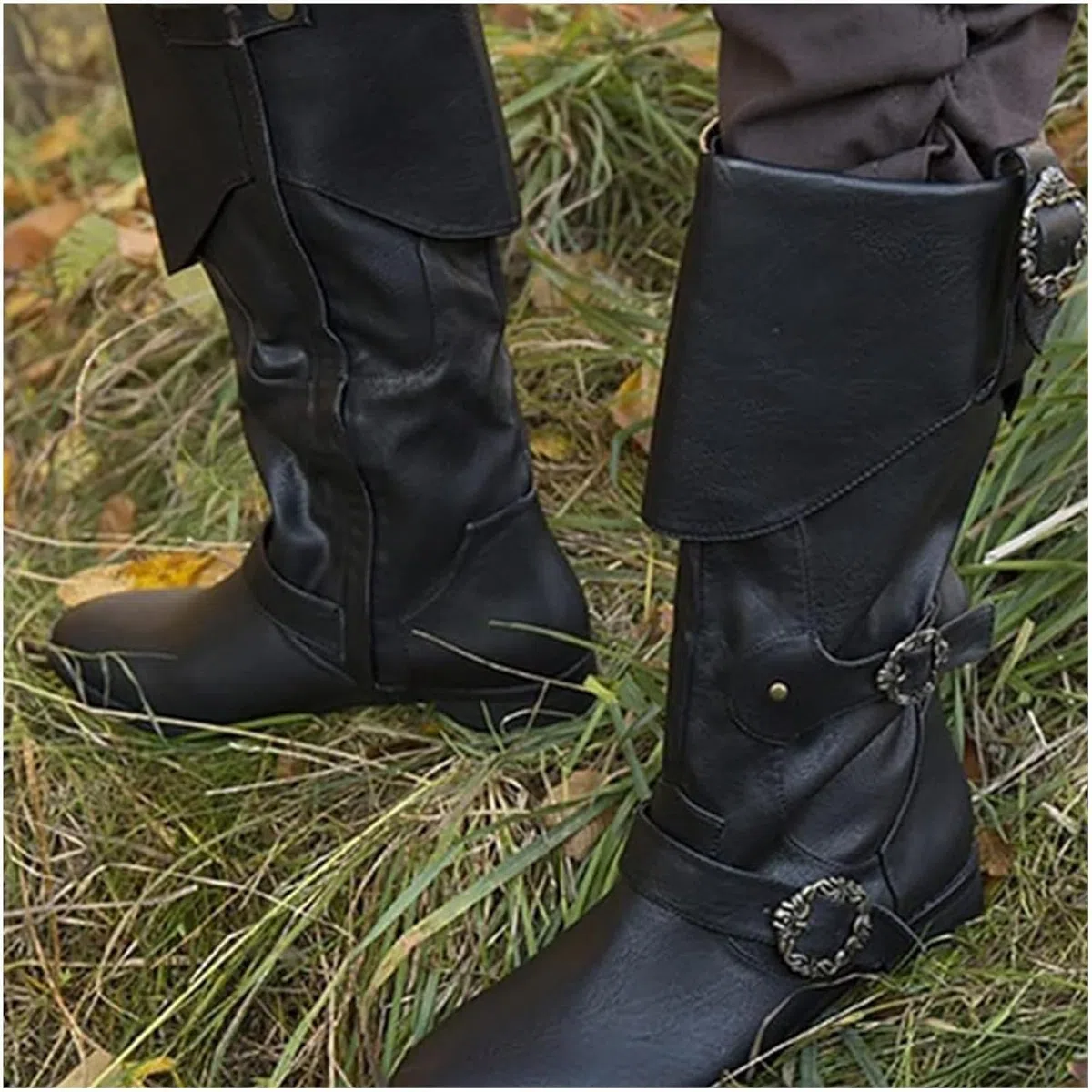 Bottes de Chevalier médiévales pour Adultes Cosplay - Rétro Chaussures à Manches Longues en Cuir - Bottes en Cuir synthétique Renaissance Grande Taille Chaussures avec Boucle de Ceinture