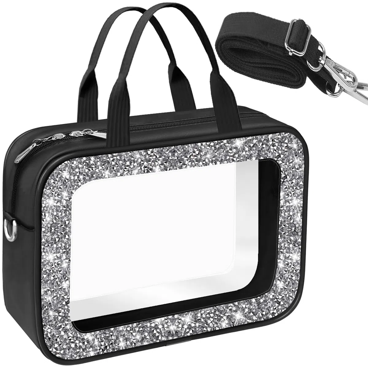 Meetart Trousse de toilette de voyage en cuir avec strass écrasés, Noir diamant, Tendance