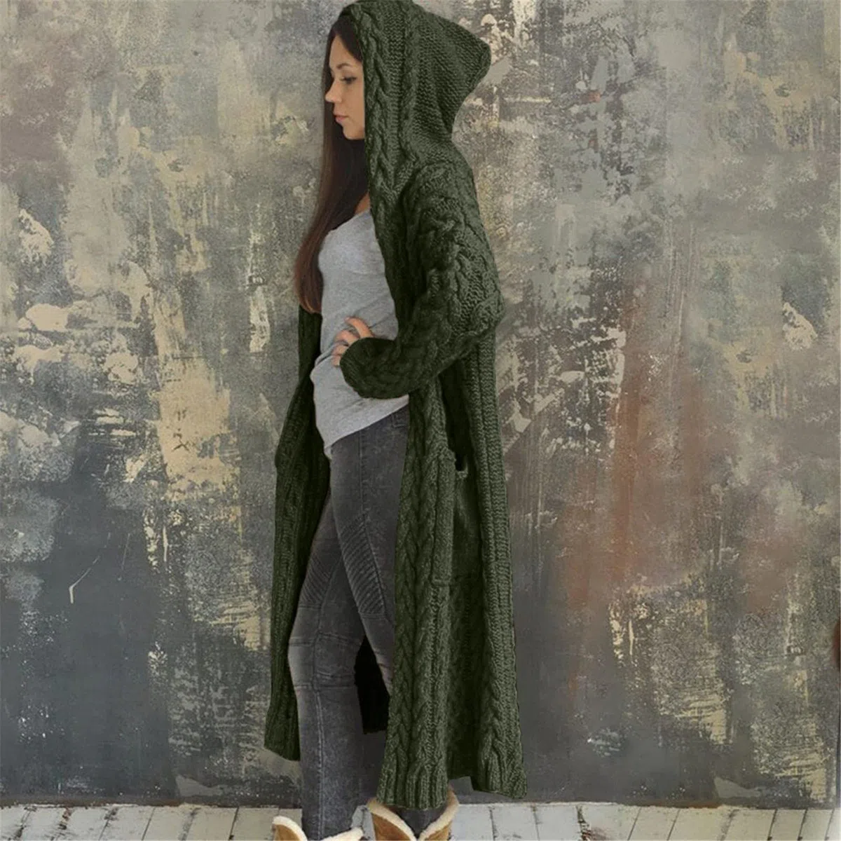 Gilets Femme Cardigan Femme - Casual Manteau Top Hiver Solide Tricoté Lâche À Capuche Manteau Long Cardigan Pull Poche Manteau Hiver Chaud Manteaux