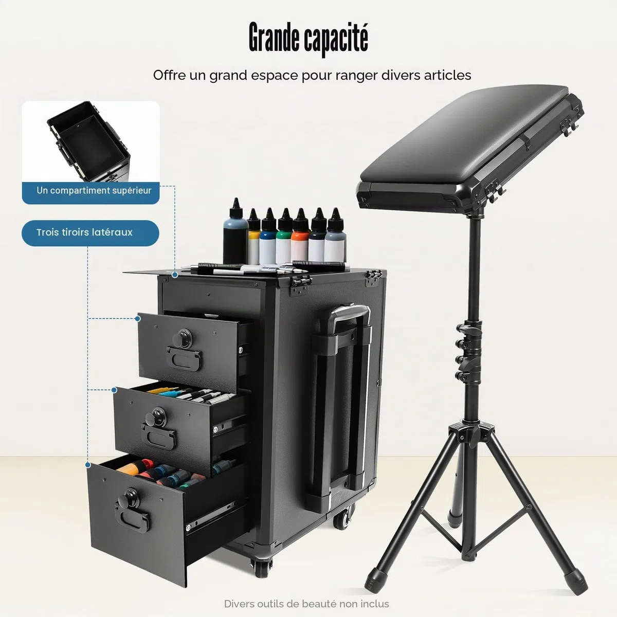 Valise cosmétique à roulettes avec support d'accoudoir et tôle métallique - Mallette de tatouage avec 3 tiroirs - Mallette de maquillage professionnelle - Table de tatouage - Table de beauté