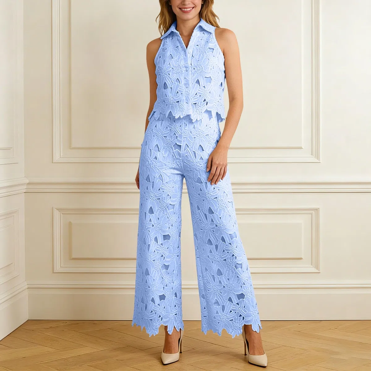 Ensemble Jogging Femme, Tenue De Sport Femme Grande Taille Ensemble Deux PièCes Composé d'un Gilet en Dentelle AjouréE à Revers d'un Gilet Court sans Manches à Fleurs et d'un Pantalon à Jambes Larges