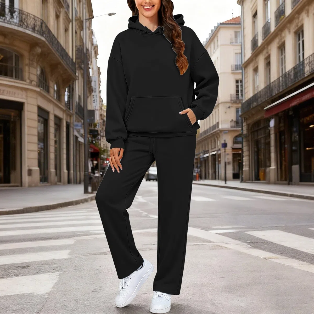 Ensemble de pyjama 2 pièces à manches longues pour femme | Ensemble de pyjama côtelé uni à manches longues, sweat à capuche et taille élastique, pantalon long