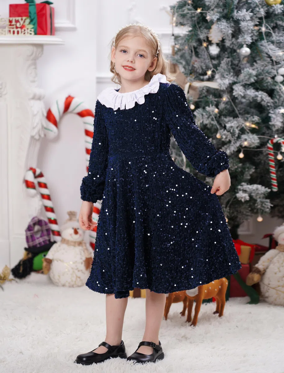 Odizli Robe de Noël pour fille - Automne - Hiver - Manches longues - Ruffle - Paillettes - Ligne A - Robe midi en velours