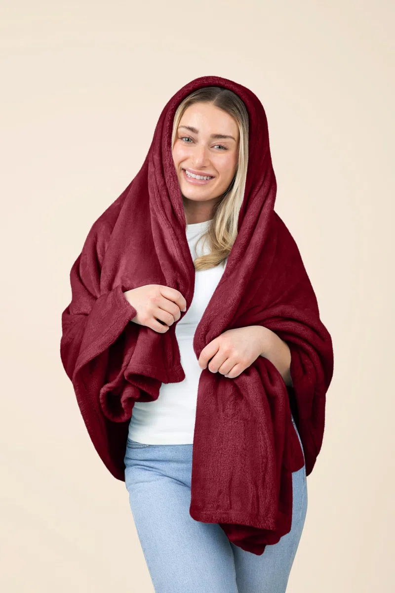 EverSnug Couverture et Oreiller de Voyage - Couverture d'avion Douce 2 en 1 de qualité supérieure avec taie d'oreiller Douce, Housse pour Bagage à Main et Clip pour Sac à Dos (Bordeaux)