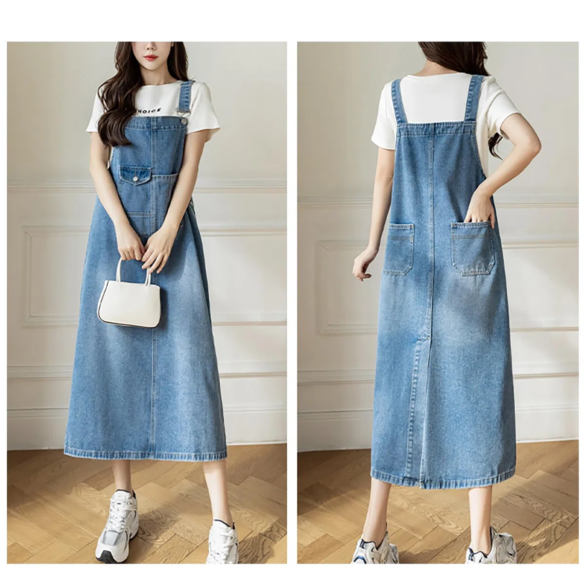 Robe Salopette Femme Mid Longue Robes en Denim Casual Jeans Combinaiso Robe Grande Taille