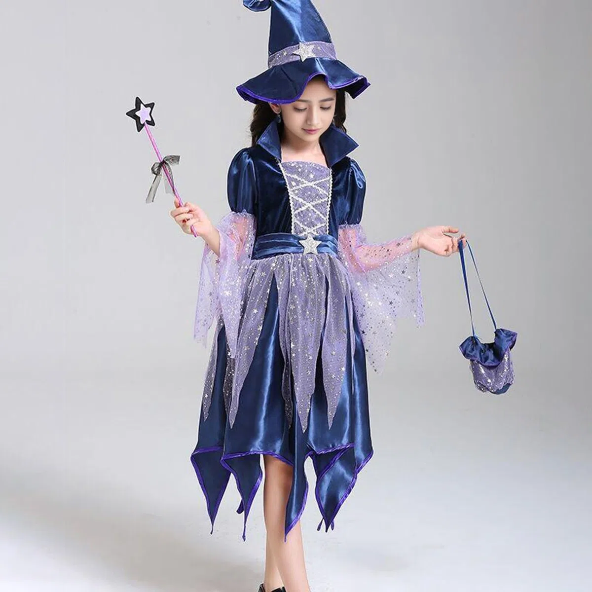Ensemble Enfant, Enfants Halloween Cosplay Scène Jouer Performance Robe Chapeau Sac Bâton Quatre Pièces Tenues Pour Enfants Vêtements, Style Oversize Tendance