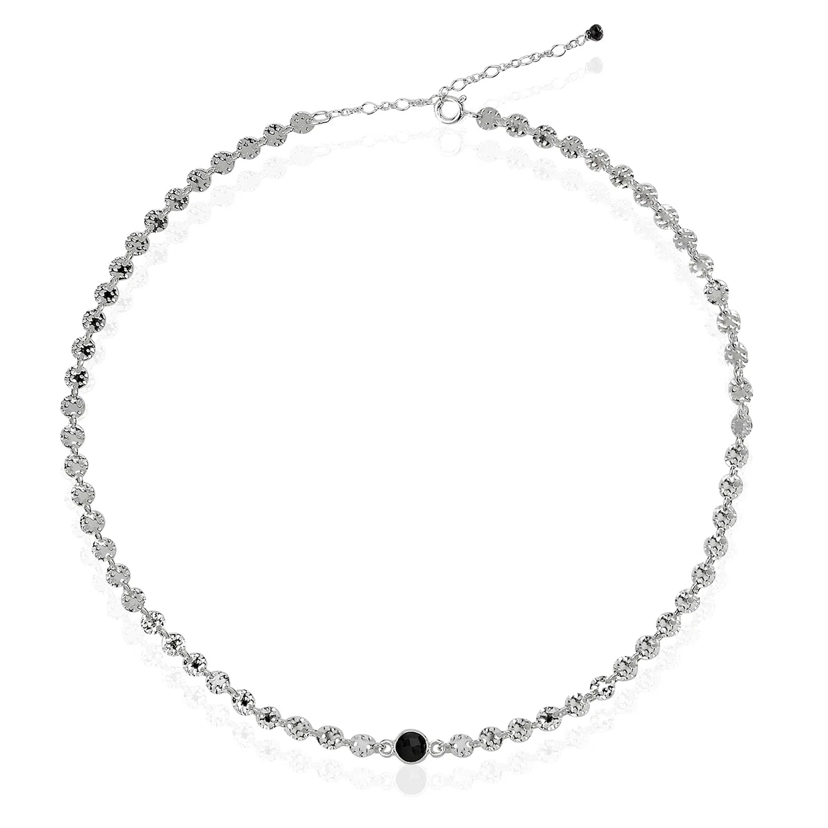 Collier ras du cou - Choker chaîne cercles en argent massif 925 - Collier pierre d'onyx noir sertie d'argent - collier court -chaîne cercle