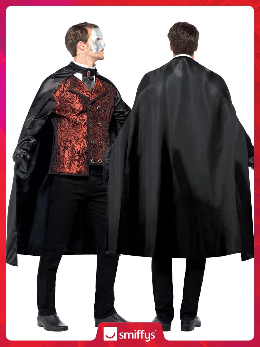 Smiffys Costume d'opéra noir avec cape, fausse chemise, masque, gants et fausse rose, costume d'Halloween de carnaval de la damne, costume de vampire