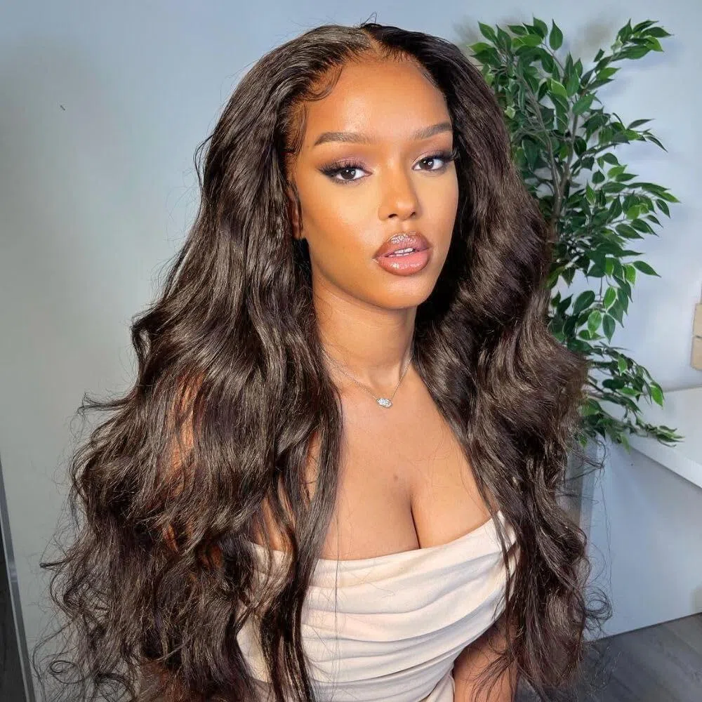 PORSMEER Brun Foncé Perruques naturelle 13x4 Closure Lace Frontal et Ondulées pour Femmes Cheveux Synthétiques Naturels Perruques Résistantes à La Chaleur pour La Fête et Le Jeu De Rôle 24 Pouces