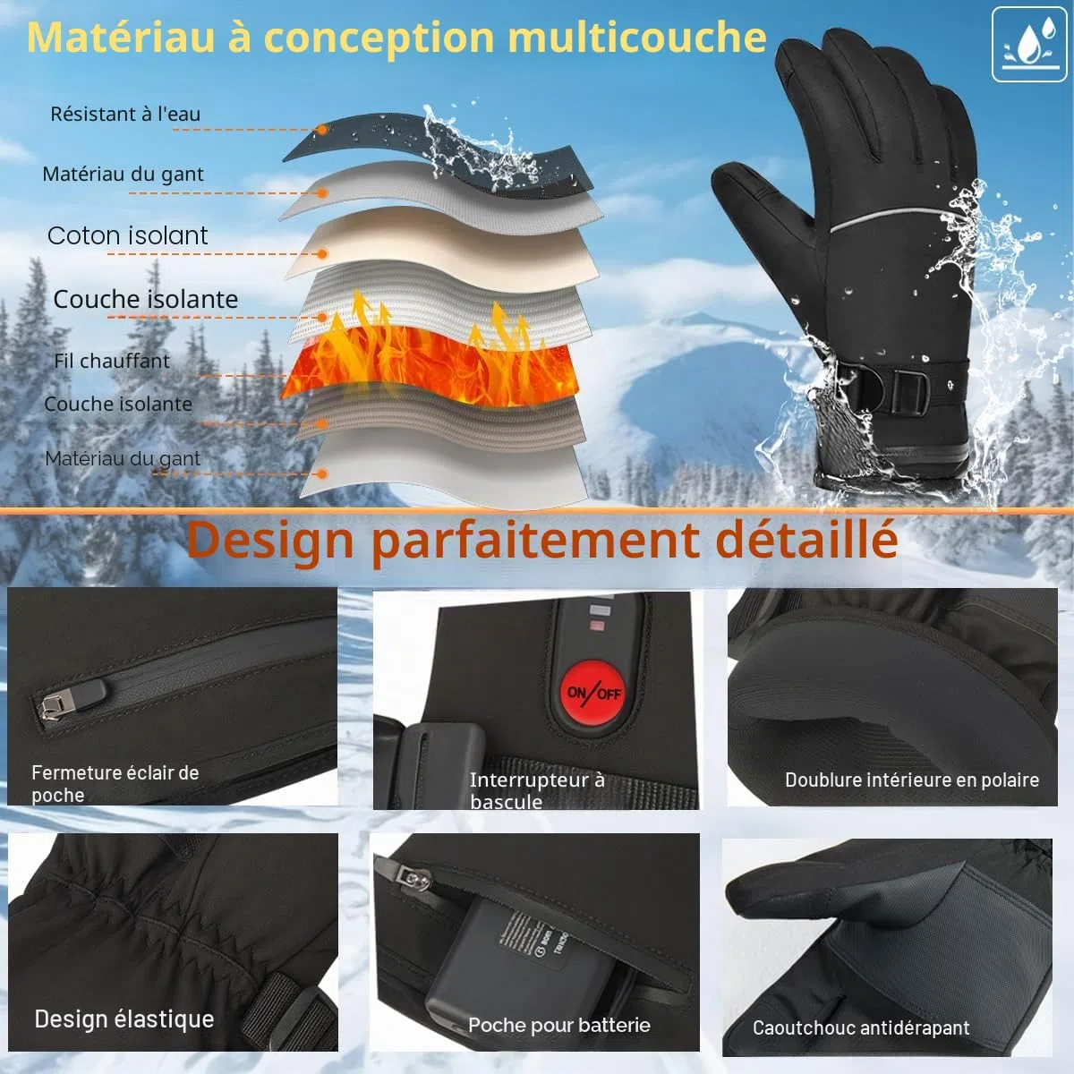Gants Chauffant avec Batterie Rechargeable 20000mAh 7.4V, 3 Niveaux De Températures Gants Chauffants Électriques pour Homme Femme Gants Chauds pour Moto Ski Vélo Cyclisme