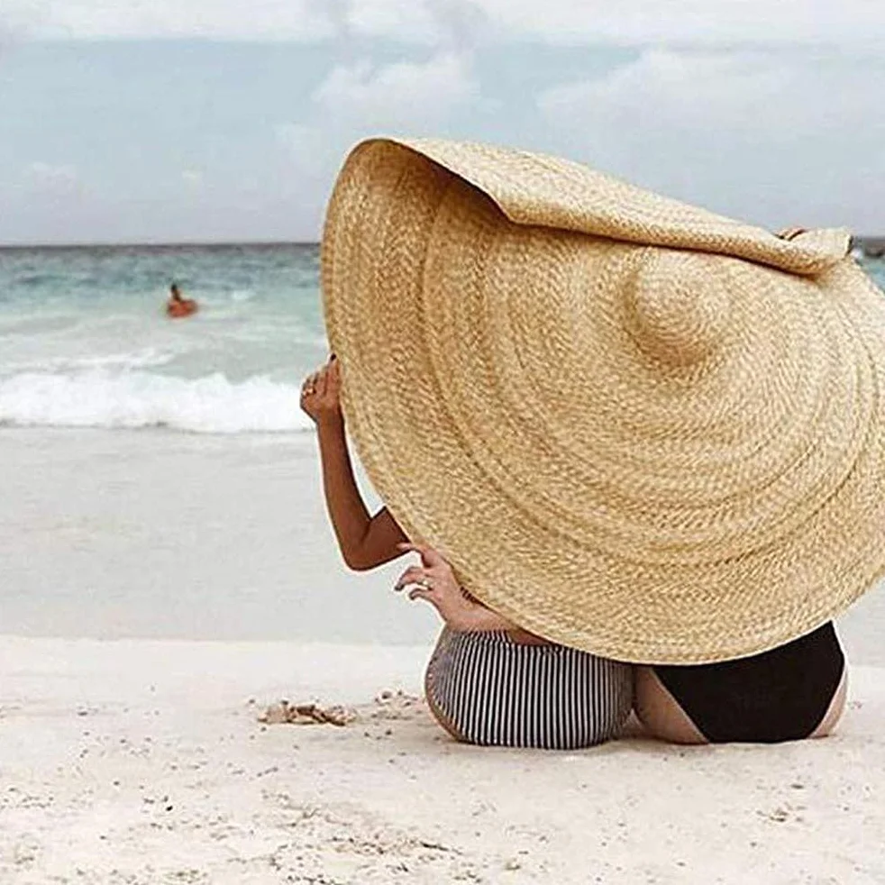 Chapeau de paille surdimensionné pour femme, chapeau de paille de soleil avec large bord anti-UV, chapeau d'été pliable (56-58 cm)