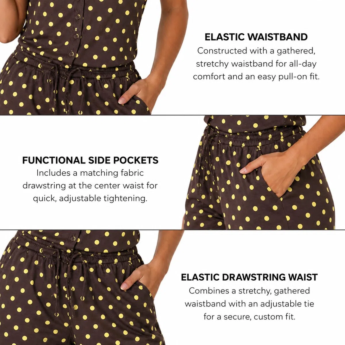 Summer Coord Ensemble deux pièces pour femme – Haut boutonné à pois avec cordon de serrage réglable – Pyjama pour femme – Short et haut – Vêtements d'été