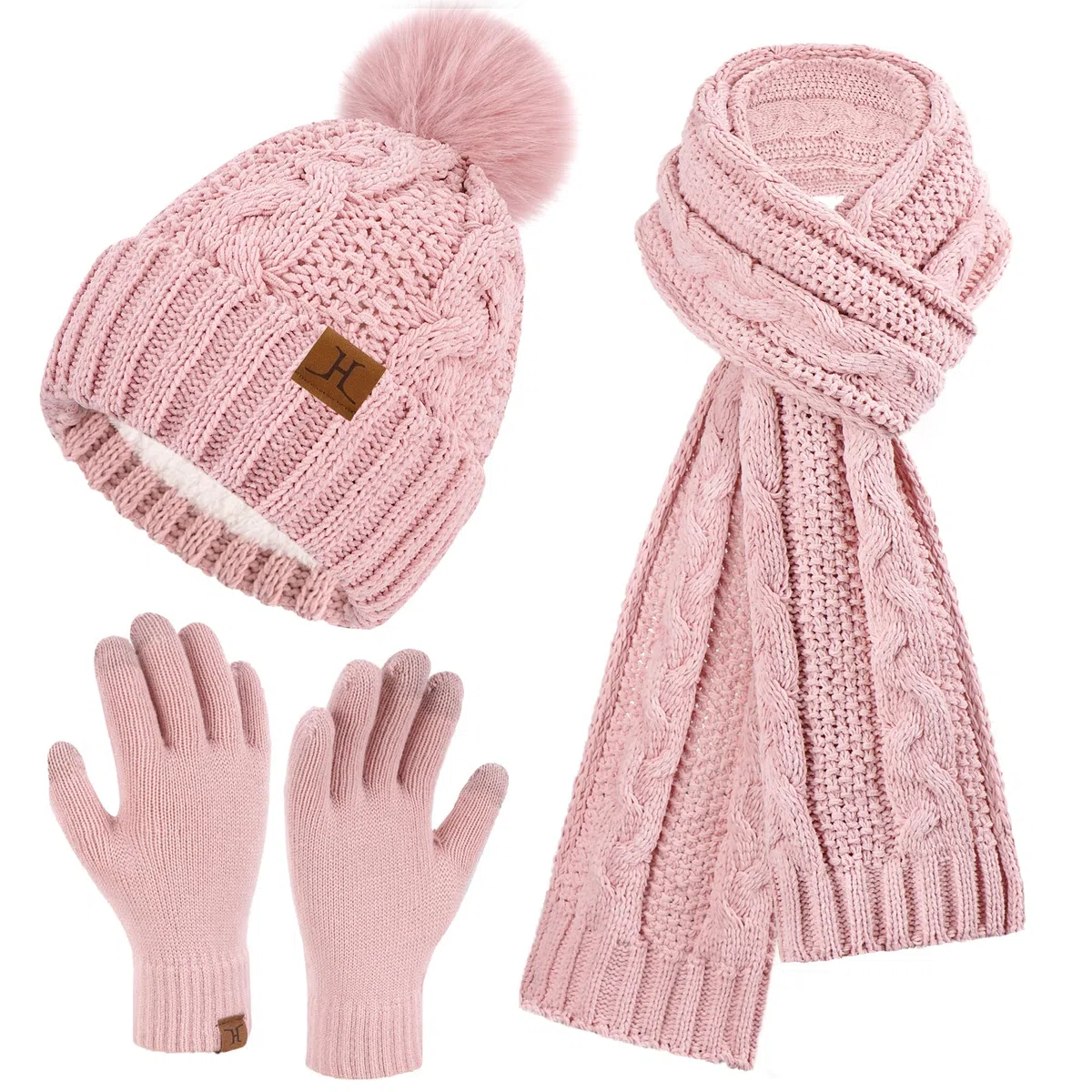 ZASFOU Femme Hiver Bonnet Chapeau Foulard Écran Tactile Gants Ensemble Chenille Pompon Tricot Polaire Doublé Casquette Écharpe Gant Cadeaux pour Femmes