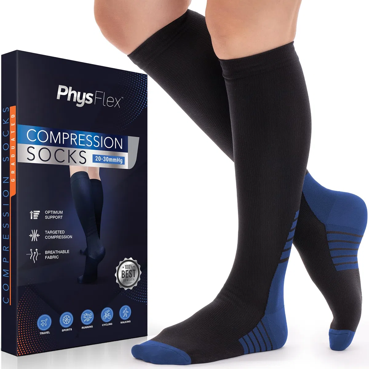PhysFlex Chaussettes de compression pour homme et femme – Meilleur soutien pour la course, l'avion, la grossesse – Bas de compression gradués au genou (bleu)