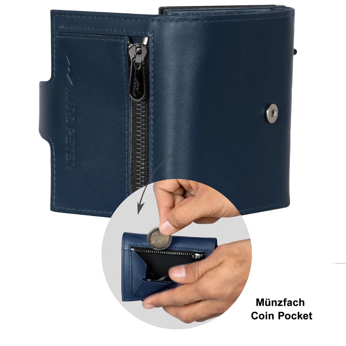 Marc Peter Portefeuille fin pour homme avec compartiment à monnaie et protection RFID, portefeuille en cuir, 9 compartiments pour cartes de crédit, étui pour cartes de crédit, petit homme, bleu